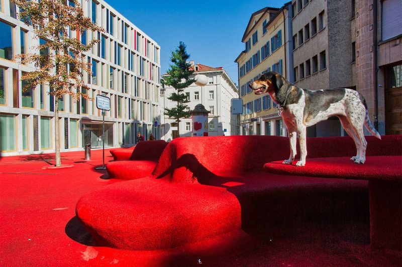 St. Gallen, rote Straße mit Hund